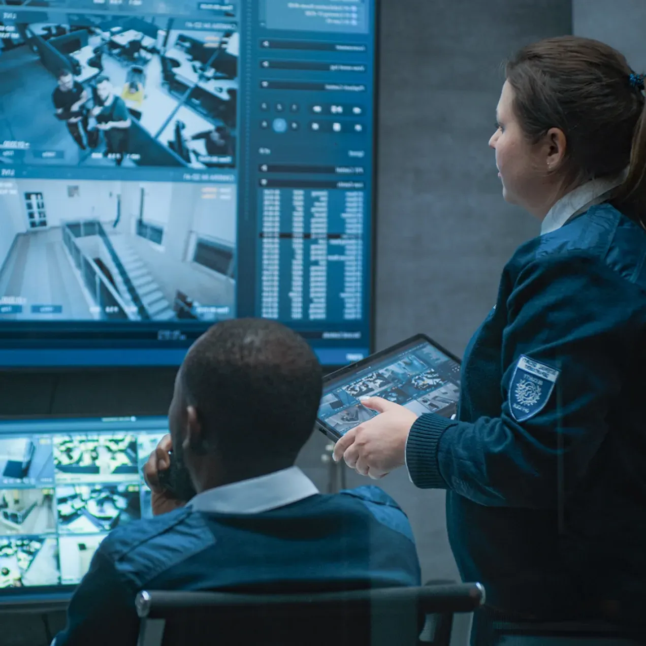 Two security professionals monitor multiple surveillance feeds in a control room, one reviewing footage on a tablet while the other speaks into a radio.